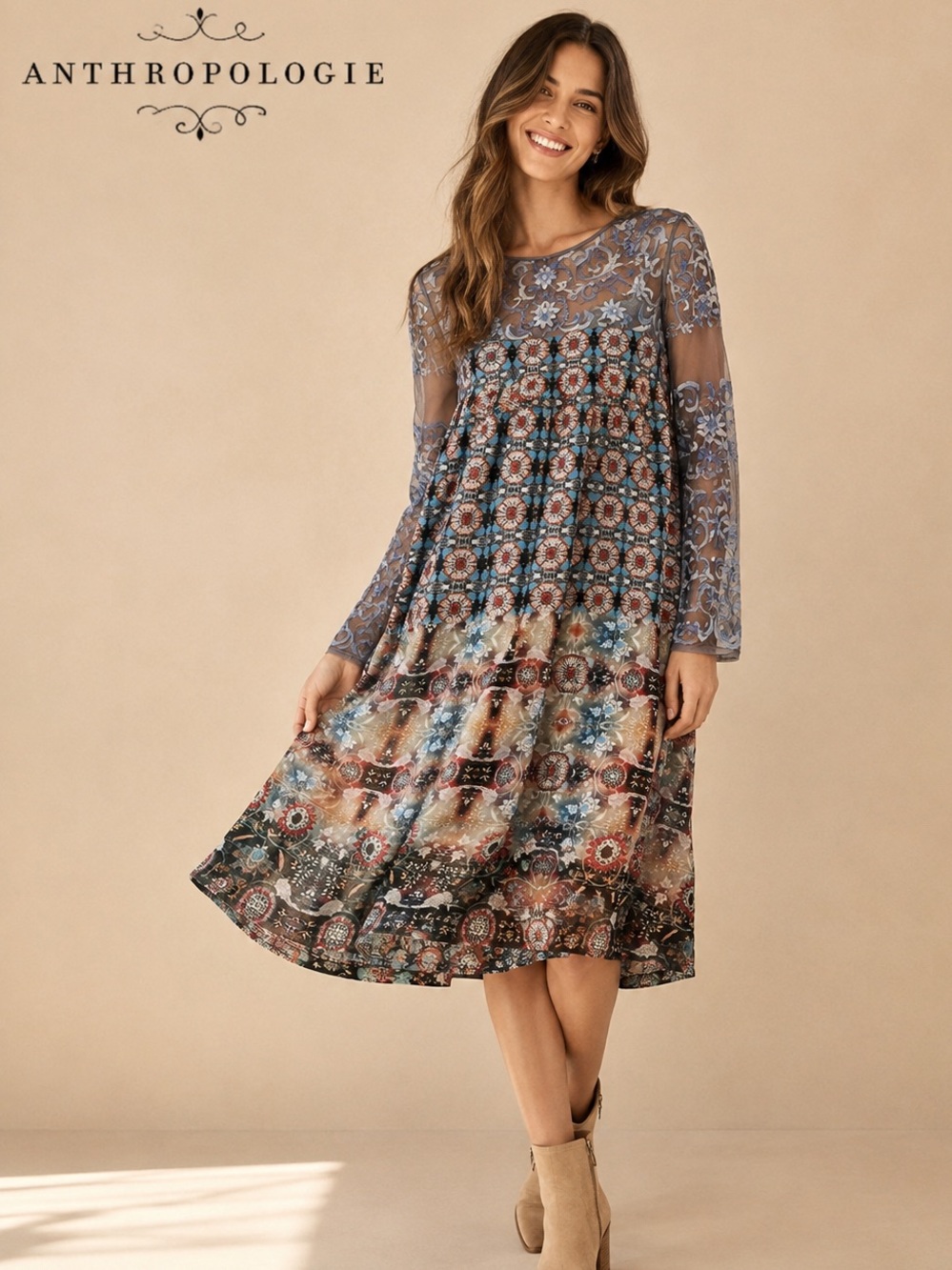 Anthropologie AKA New York Boho Lace Bodice Midi Dress